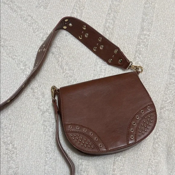 Brown Studded Crossbody Saddle Bag - Dream Control - Picture 1 of 4